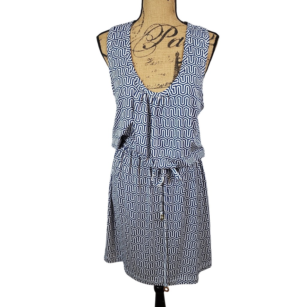 MUD PIE Size Large Blue & White Geometric Racerback Belted Summer Beach Dress